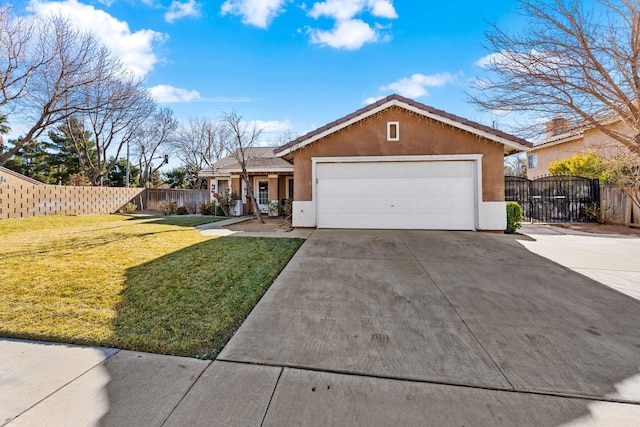 ranch-style house featuring a garage and a front yard