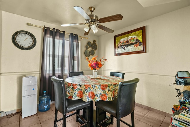 dining room with tile patterned floors and ceiling fan