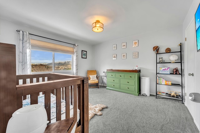 carpeted bedroom with a crib