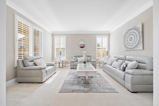 living room with ornamental molding and light carpet