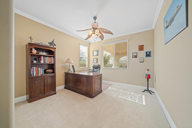 office with ceiling fan, ornamental molding, and light carpet