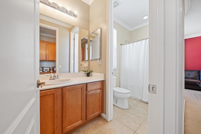 bathroom featuring crown molding, tile patterned flooring, vanity, a shower with curtain, and toilet