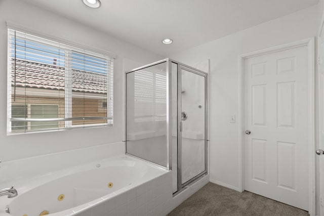 4349 Bethpage Dr, Palmdale, CA 93551 - bathroom with a shower stall, a tub with jets, and recessed lighting