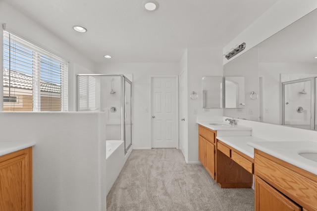 4349 Bethpage Dr, Palmdale, CA 93551 - full bath featuring a shower stall, double vanity, recessed lighting, a bathtub, and baseboards