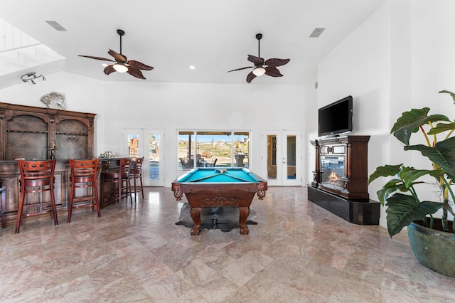 9446 Kern River Ave, Bakersfield, CA 93308 - rec room featuring a towering ceiling, billiards, ceiling fan, bar area, and french doors