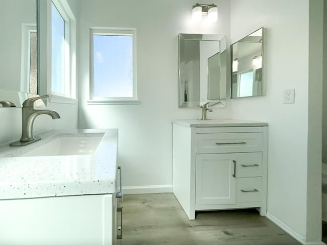 full bath with wood finished floors, two vanities, baseboards, and a sink