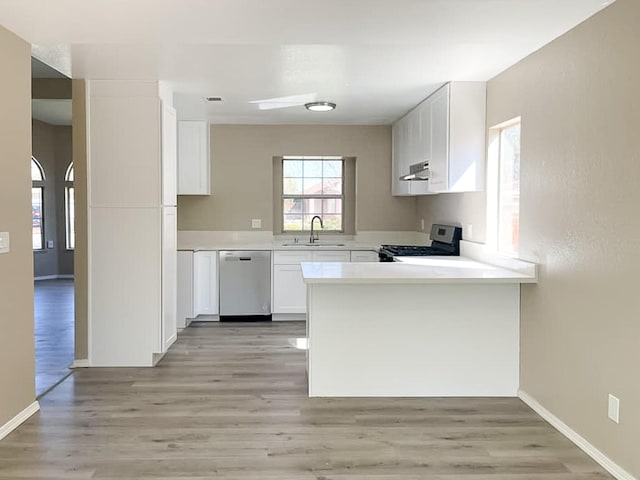 kitchen with ventilation hood, light countertops, a peninsula, stainless steel appliances, and a sink