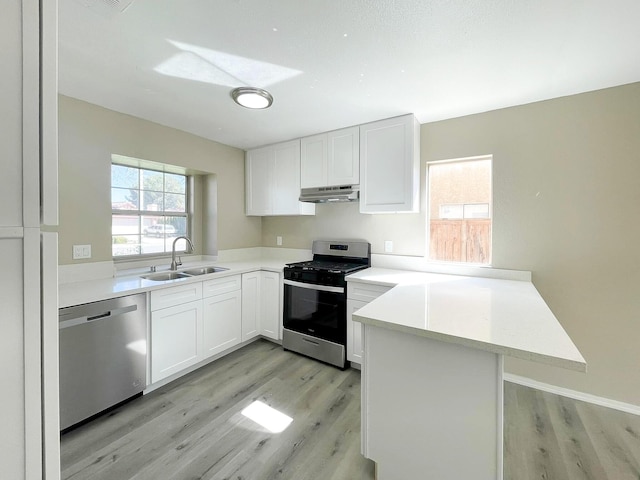 kitchen with a healthy amount of sunlight, a peninsula, a sink, stainless steel appliances, and under cabinet range hood