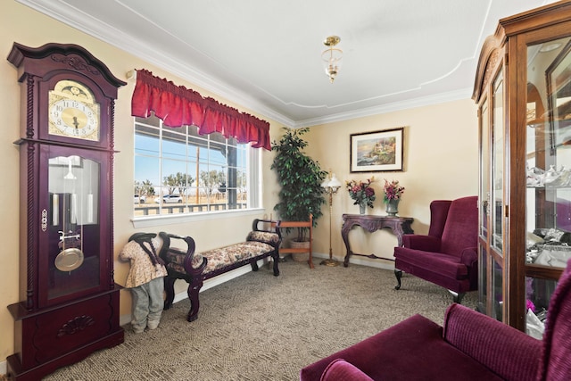 sitting room with ornamental molding and carpet