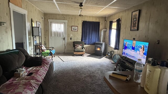 living room with carpet, a wood stove, and wooden walls