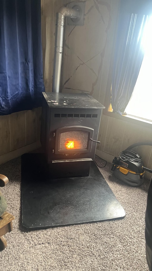 interior details with a wood stove