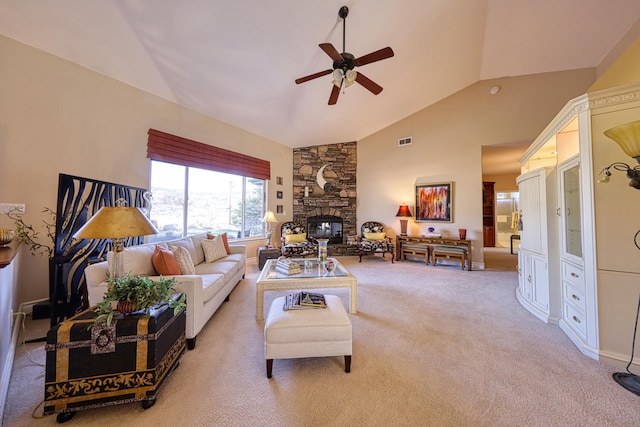 living room featuring ceiling fan, light colored carpet, a fireplace, and high vaulted ceiling