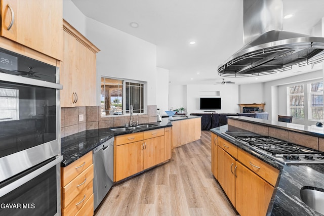 42094 W 21st St, Lancaster, CA 93536 - kitchen with wall chimney exhaust hood, ceiling fan, appliances with stainless steel finishes, a fireplace, and light wood finished floors