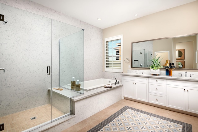 bathroom with vanity, tile patterned flooring, and separate shower and tub