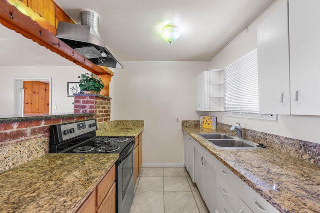 kitchen featuring white cabinets, electric stove, sink, light tile patterned flooring, and extractor fan