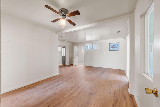 spare room featuring beam ceiling, ceiling fan, and light hardwood / wood-style floors