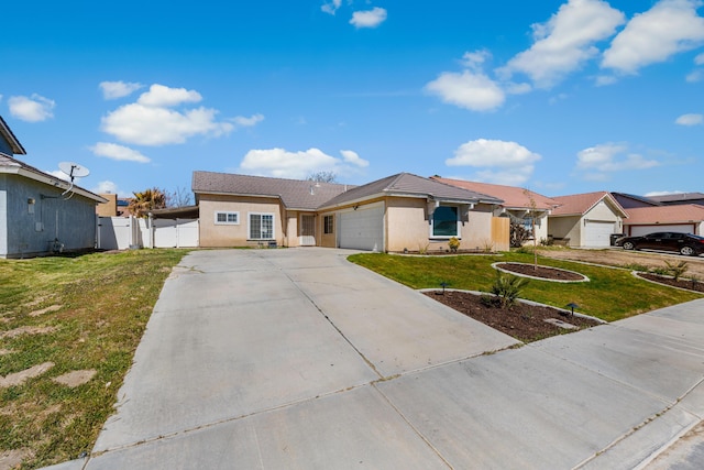 ranch-style home featuring a front lawn, fence, concrete driveway, stucco siding, and a garage