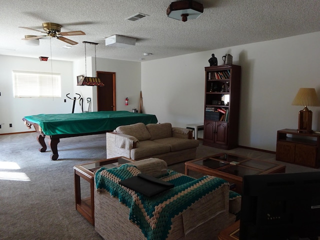 playroom with billiards, a textured ceiling, visible vents, and carpet flooring