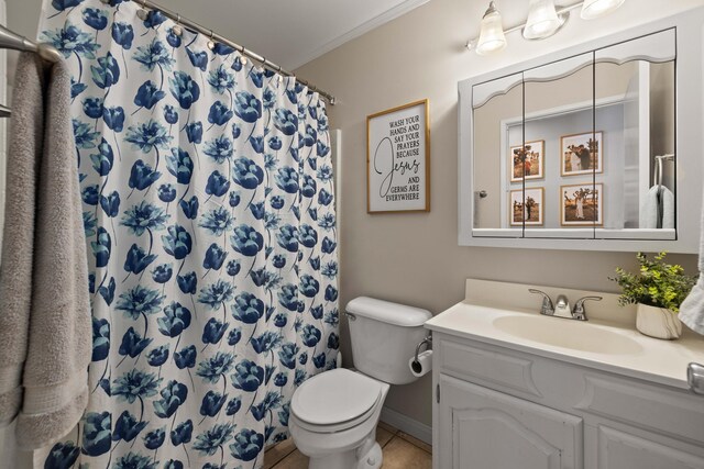 full bath with vanity, toilet, tile patterned floors, curtained shower, and ornamental molding