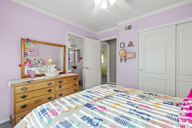 bedroom with a closet, ornamental molding, and ceiling fan