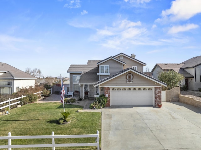 view of front of property featuring a front lawn and a garage