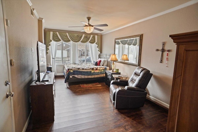 bedroom featuring ceiling fan, ornamental molding, and dark hardwood / wood-style flooring