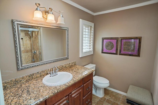 bathroom with crown molding, walk in shower, vanity, and toilet