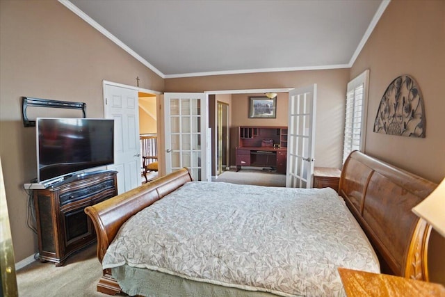 carpeted bedroom with lofted ceiling, ornamental molding, and french doors