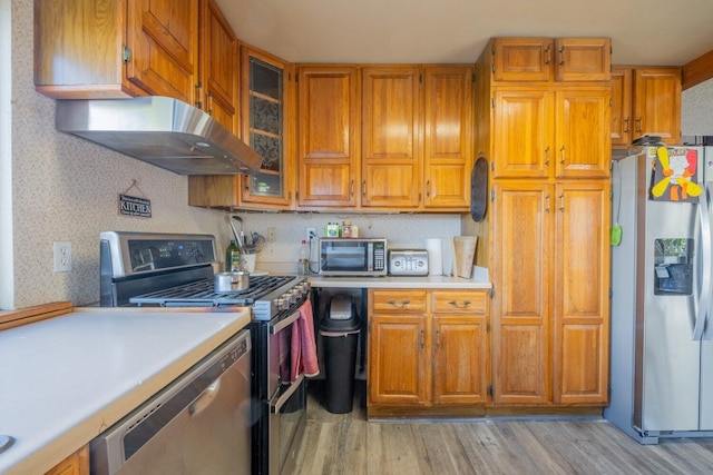 kitchen with backsplash, light hardwood / wood-style floors, range hood, and appliances with stainless steel finishes