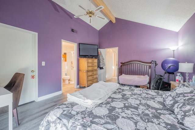 bedroom with high vaulted ceiling, light hardwood / wood-style flooring, ceiling fan, a textured ceiling, and beamed ceiling