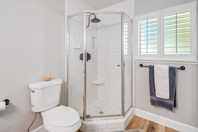 bathroom with wood-type flooring, toilet, and a shower with door