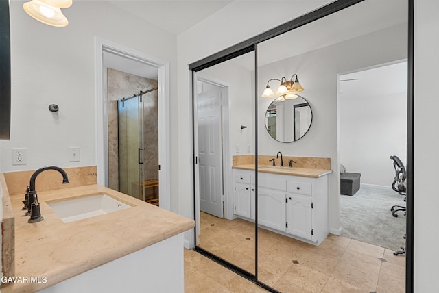 2512 Mildwood Ct, Lancaster, CA 93536 - bathroom featuring two vanities and a shower stall