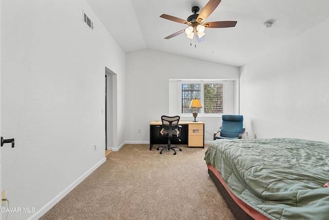 2512 Mildwood Ct, Lancaster, CA 93536 - bedroom featuring light carpet, vaulted ceiling, ceiling fan, and a desk