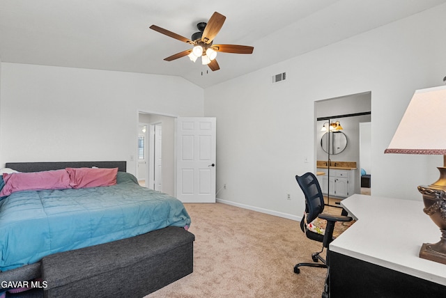 2512 Mildwood Ct, Lancaster, CA 93536 - bedroom with lofted ceiling, light colored carpet, ensuite bath, and ceiling fan