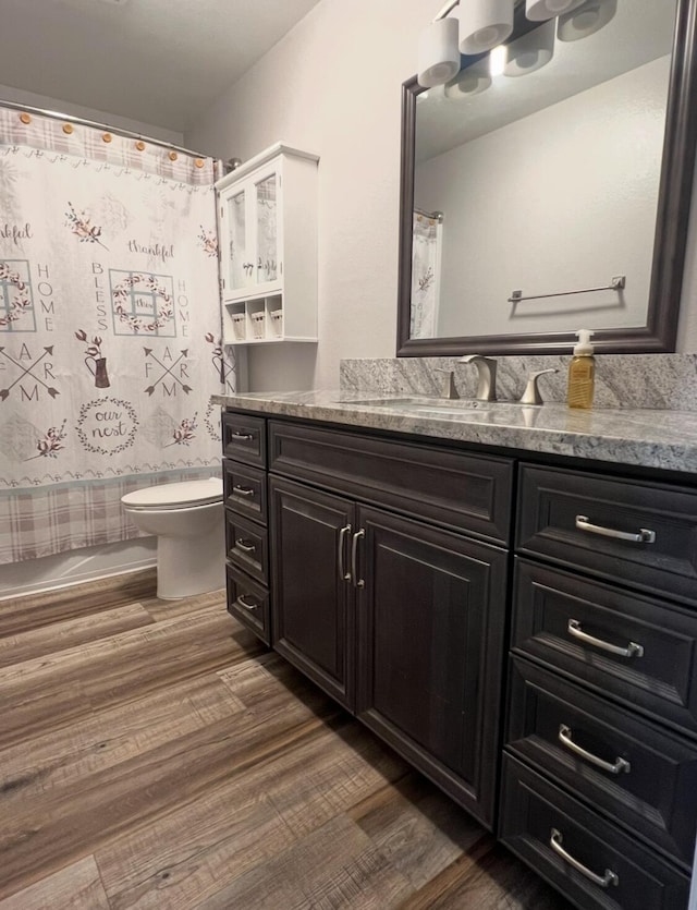 bathroom with wood-type flooring, vanity, and toilet