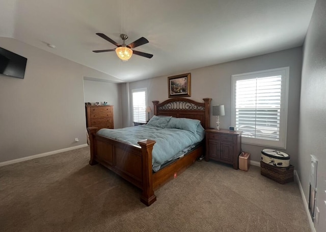 bedroom with carpet flooring, ceiling fan, and lofted ceiling