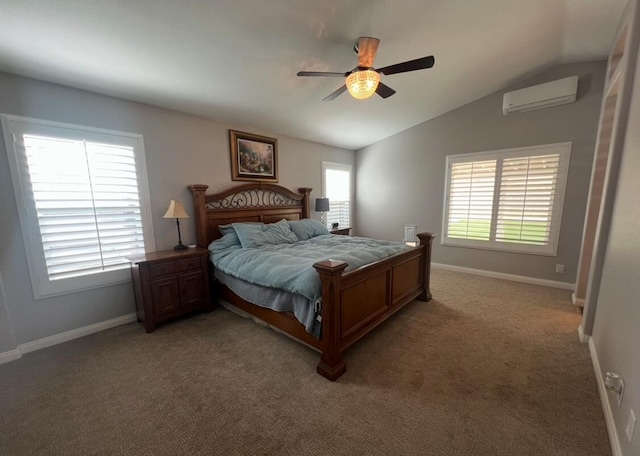 bedroom with an AC wall unit, ceiling fan, carpet flooring, and vaulted ceiling