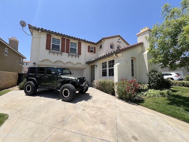 2812 Crocus Pl, Palmdale, CA 93551 - mediterranean / spanish-style house featuring concrete driveway, stucco siding, a garage, a chimney, and a tile roof