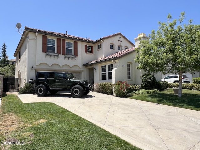 2812 Crocus Pl, Palmdale, CA 93551 - mediterranean / spanish home featuring concrete driveway, stucco siding, a tiled roof, and a chimney