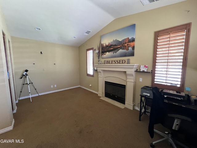 2812 Crocus Pl, Palmdale, CA 93551 - carpeted office space featuring lofted ceiling and a fireplace with flush hearth
