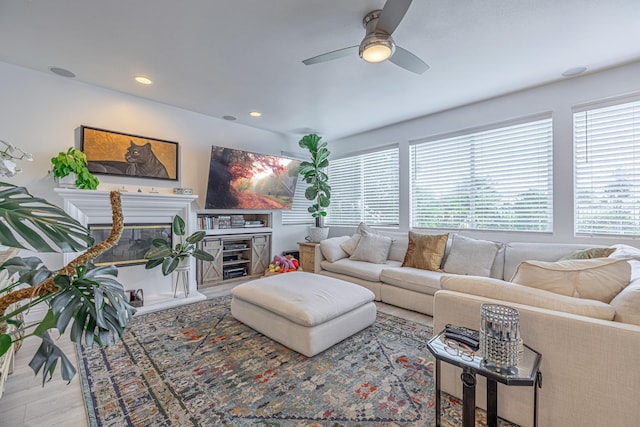 living room with ceiling fan