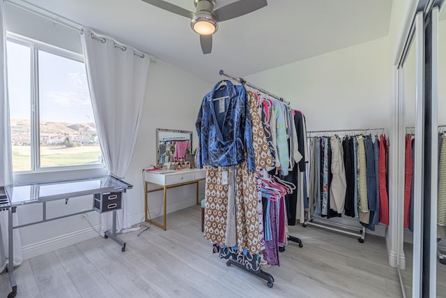 spacious closet featuring light hardwood / wood-style floors and ceiling fan