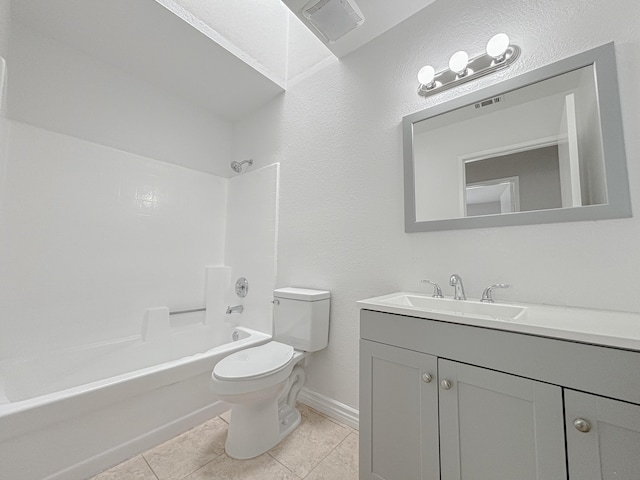 full bathroom with shower / tub combination, tile patterned flooring, vanity, and toilet