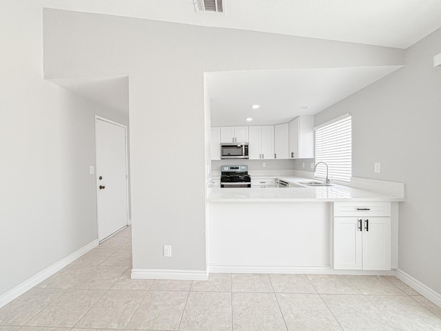 kitchen featuring kitchen peninsula, appliances with stainless steel finishes, white cabinetry, and sink