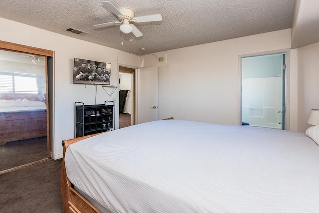 carpeted bedroom featuring ceiling fan, a textured ceiling, and a closet