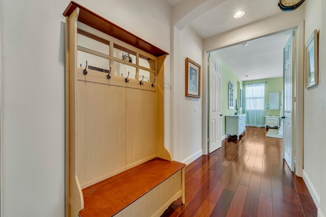 mudroom featuring dark wood-type flooring