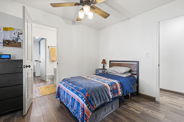 bedroom with ceiling fan, wood finished floors, baseboards, connected bathroom, and washer / dryer