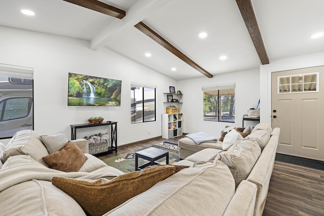 living area with dark wood-style flooring and recessed lighting