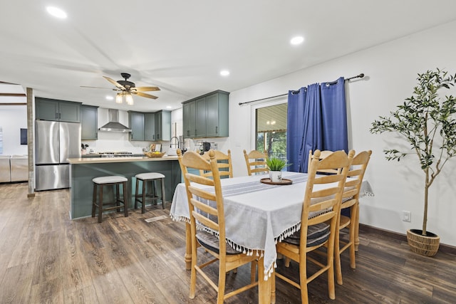 dining area with recessed lighting, ceiling fan, and dark wood finished floors