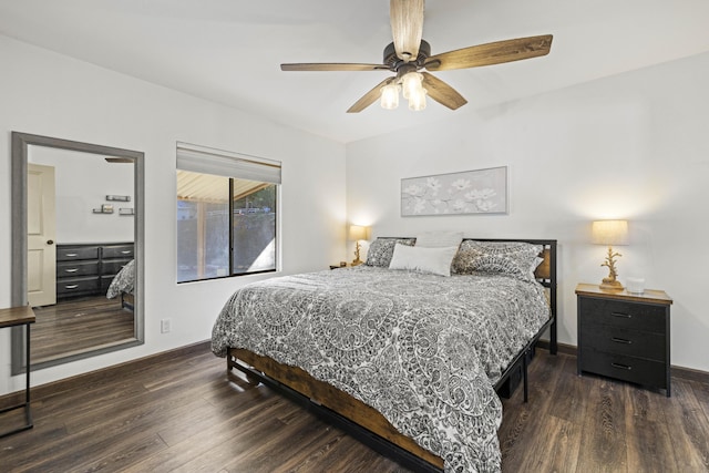 bedroom featuring baseboards, ceiling fan, and wood finished floors